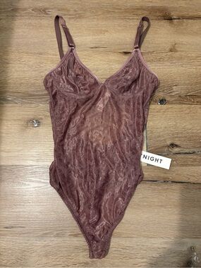 Fortnight Vega Full Mesh Lingerie Thong Bodysuit Herringbone Print NWT in Mauve